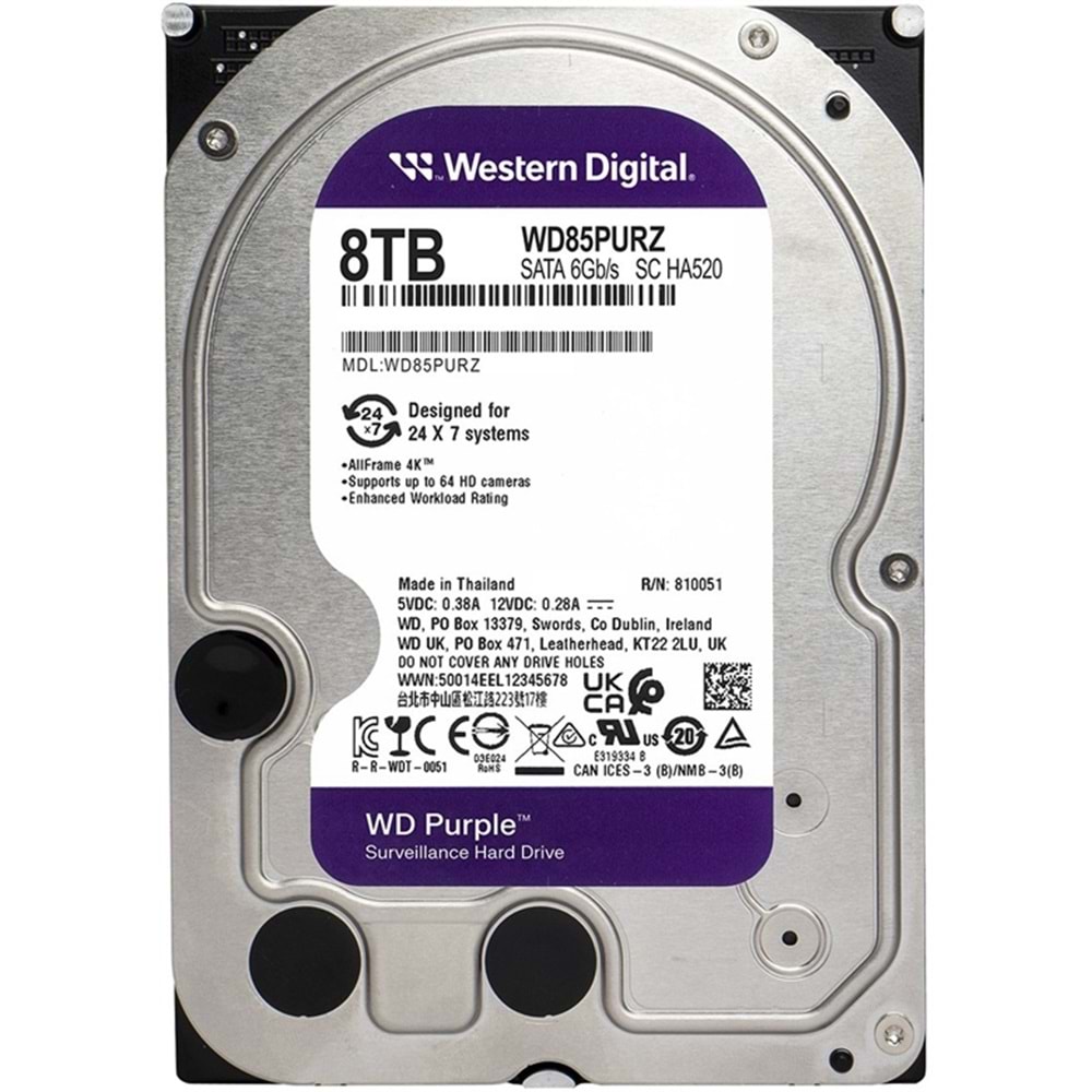 8TB 3.5 WD SATA 6460RPM 256MB PURPLE WD85PURZ 7/24 ( 3 Yıl Garanti )