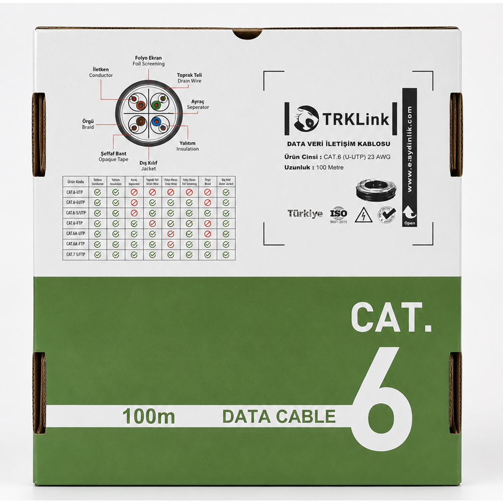 TRKLink CAT6 4x2x23AWG U/UTP CCA KABLO 100MT KUTU PVC