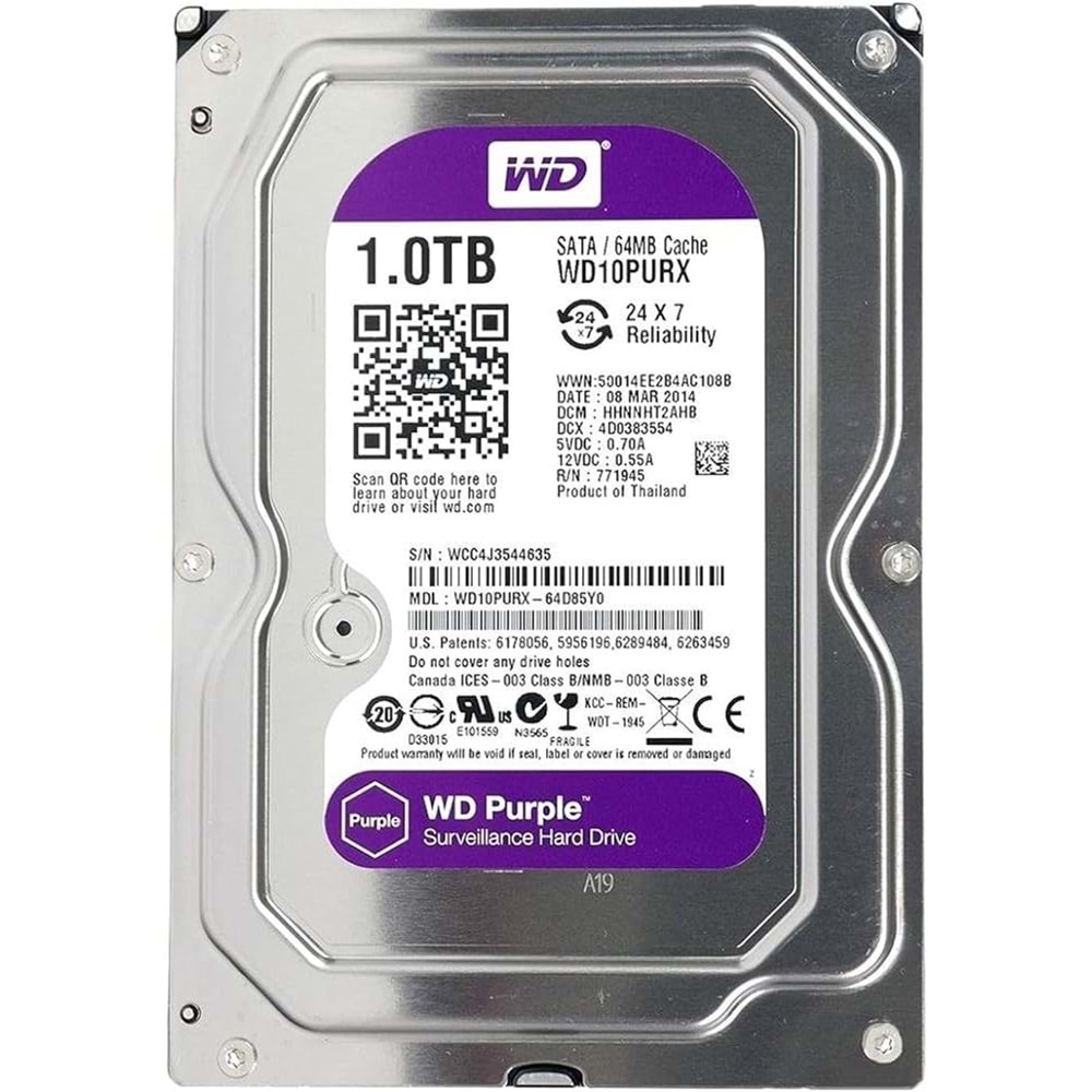 1TB 3.5 WD SATA3 64MB 5400RPM PURPLE WD11PURZ 7/24 ( 3 Yıl Garanti )