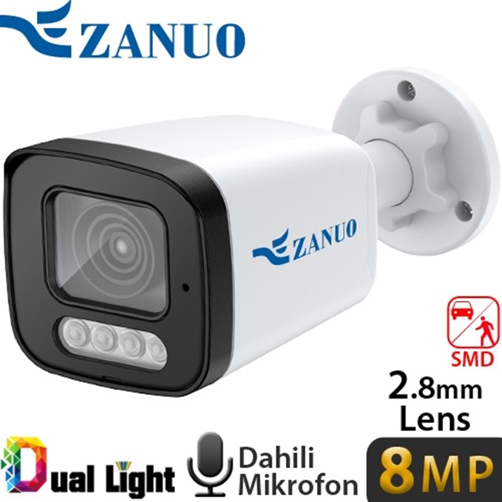 ZANUO ZN-IPC-B1810C-S2-AS-L-2.8MM 8MP DUAL LiGHT BULLET IP KAMERA (Dahili Mikrofon)