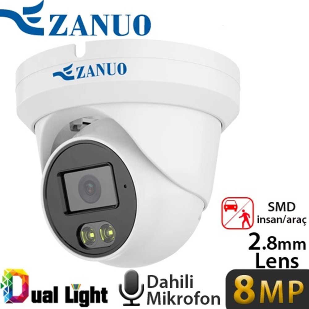 ZANUO ZN-IPC-E1810C-S2-AS-L-2.8MM 8MP DUAL LİGHT DOME IP KAMERA (Dahili Mikrofon)