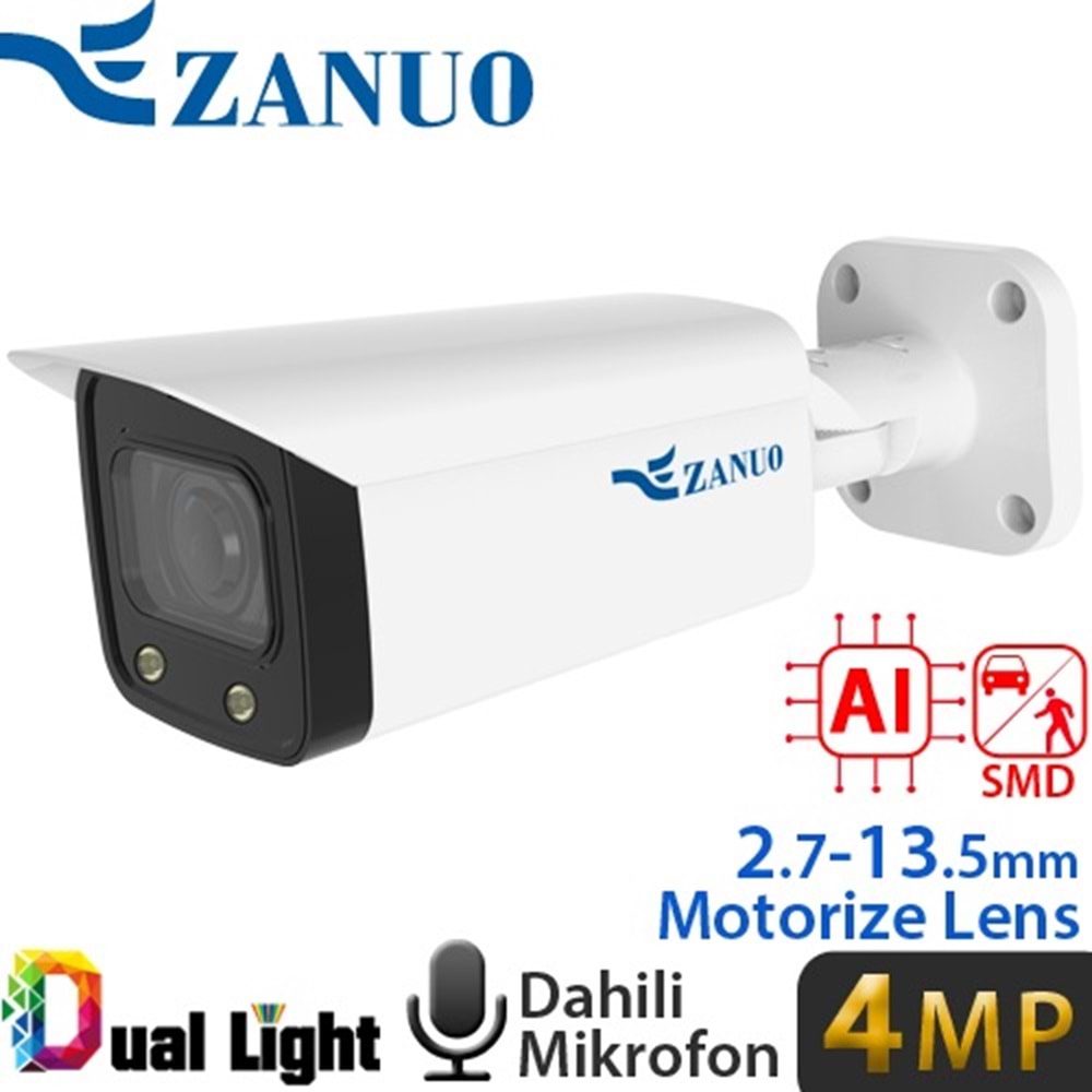 ZANUO ZN-IPC-B2410E-ZAS-L 4MP 2.7-13.5MM DUAL LİGHT+SMD+YAPAY ZEKA IP BULLET KAMERA (Dahili Mikrofon)