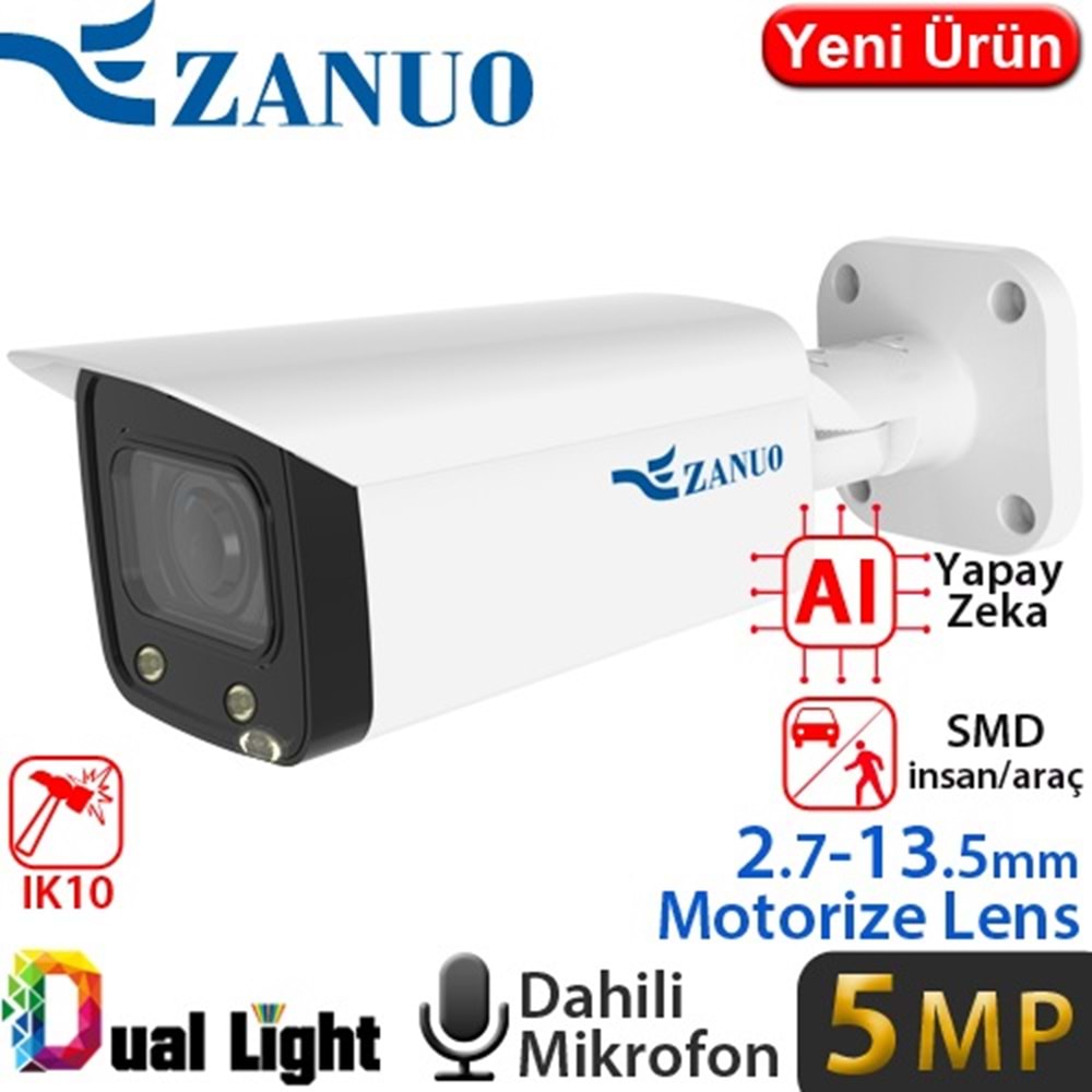 ZANUO ZN-IPC-B3511E-ZAS-L-V2 5MP 2.8-13.5MM DUAL LiGHT+SMD+YAPAY IP BULLET KAMERA (Dahili Mikrofon)