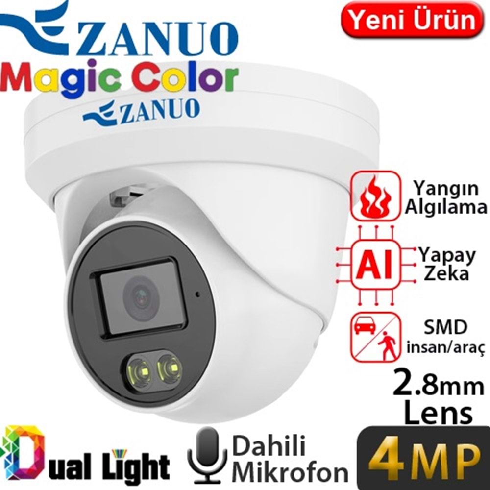 ZANUO ZN-IPC-E2412C-S2-L-2.8MM 4MP 2.8MM MAGİC COLOR IP DOME KAMERA (Dahili Mikrofon)