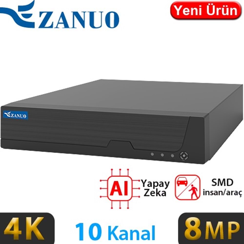 ZANUO ZN-NVR1108M 10 KANAL 1x14TB HDD DESTEKLİ 8MP KAMERA DESTEKLİ 4K NVR KAYIT CİHAZI