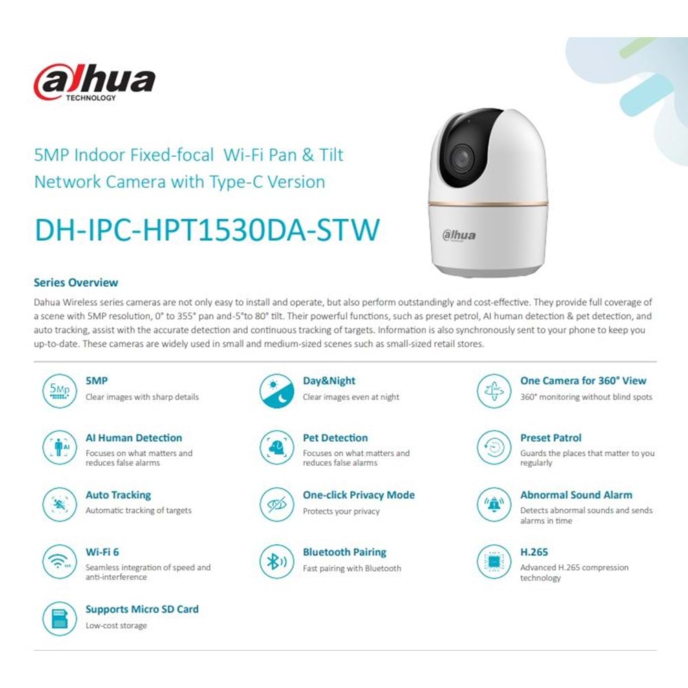 DAHUA DH-IPC-HPT1530DA-STW 5MP INDOOR Wİ-Fİ DUAL-LENS PT KAMERA - HERO A1
