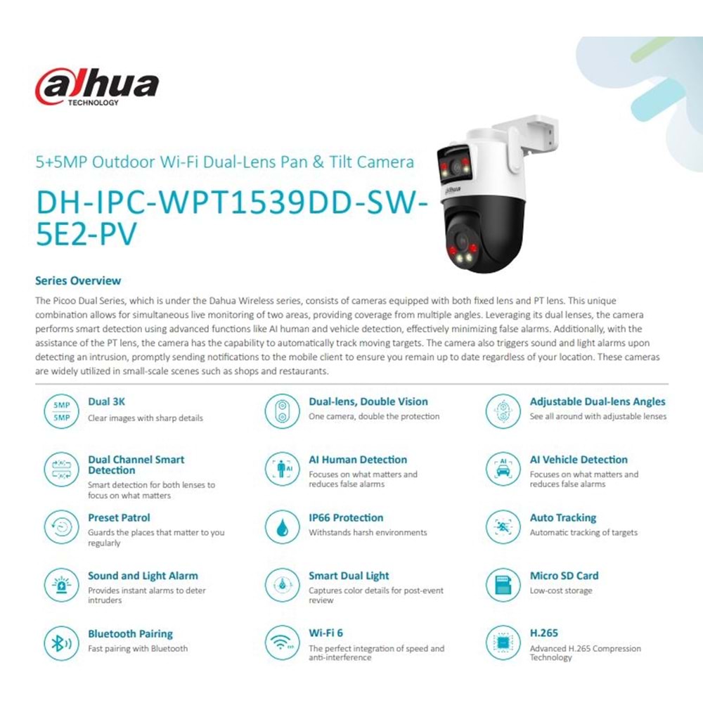 DAHUA DH-IPC-WPT1539DD-SW-5E2-P 5+5MP OUTDOOR Wİ-Fİ DUAL-LENS PT KAMERA PICOO DUAL D1