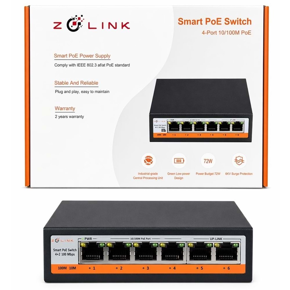 Zolink ZNT-SW-4P2U-V3 10/100 4+2 PoE Switch 2 Port Uplink 72w