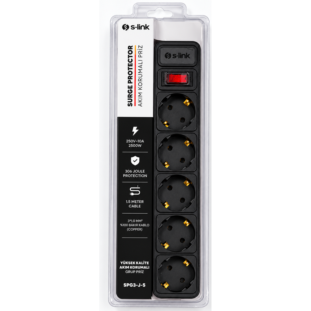 S-LİNK SPG3-J-5 5 Lİ 1.5MT 306Joule AKIM KORUYUCULU PRİZ