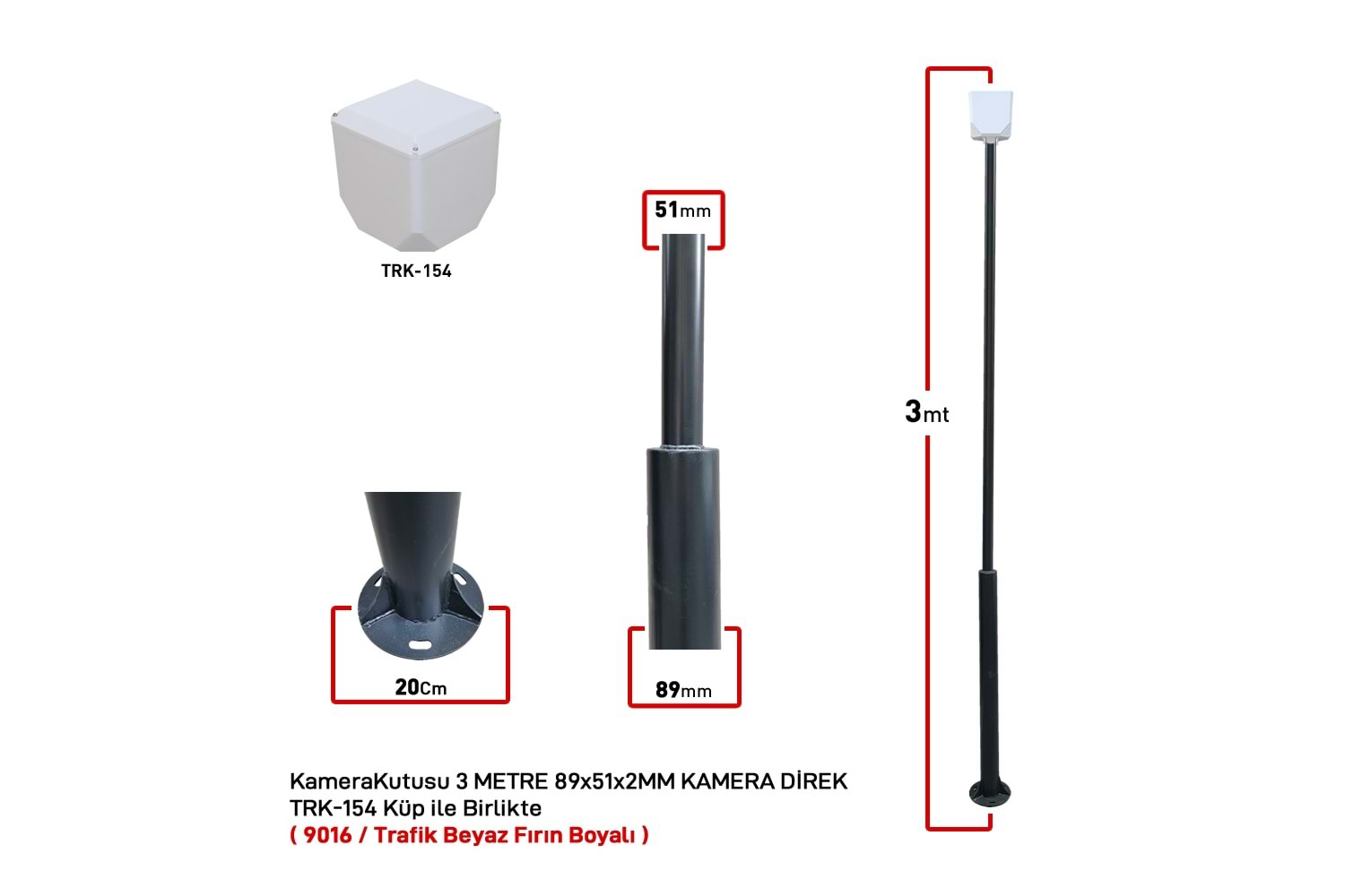 TRK-300-X+154 / 3 Mt (89x51x2MM) Metal Direk + TRK-154 Küp ile Birlikte ( 9016 / Trafik Beyaz Fırın Boyalı )