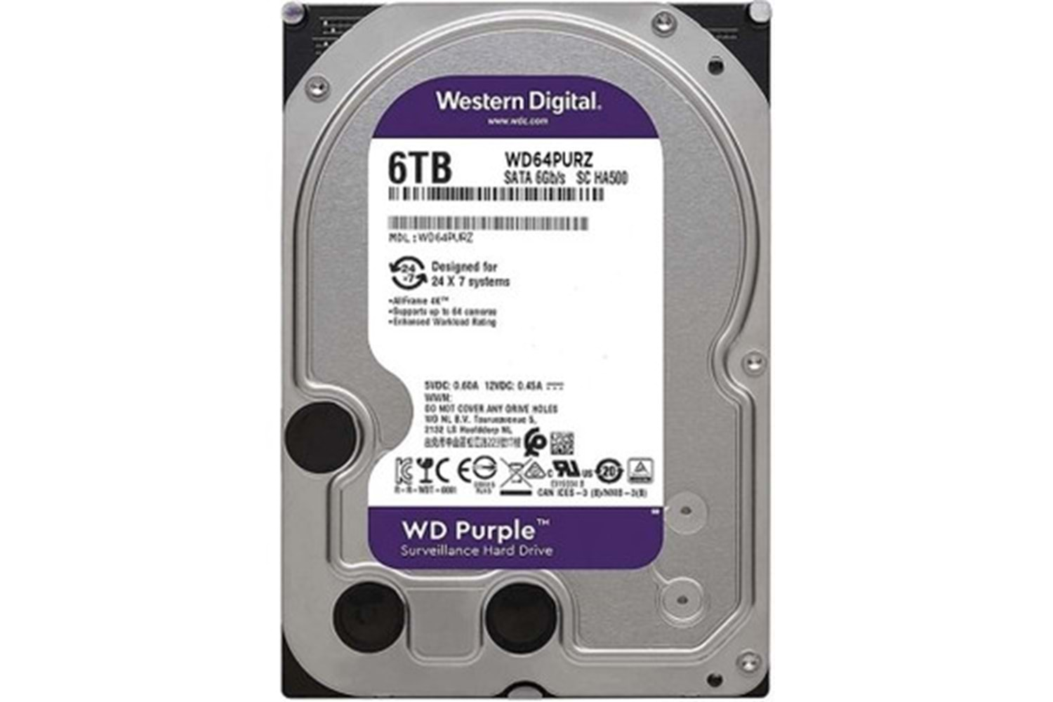 6TB WD 3.5 PURPLE SATA3 5400RPM 256MB 7/24 GÜVENLİK WD64PURZ (3 YIL RESMİ DİST. GARANTİLİ)