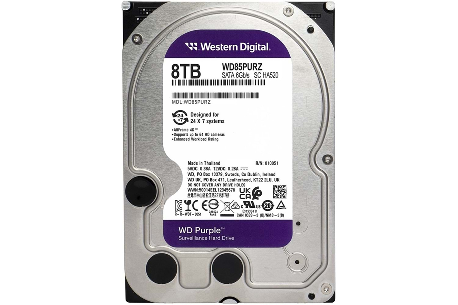 8TB 3.5 WD SATA 6460RPM 256MB PURPLE WD85PURZ 7/24 ( 3 Yıl Garanti )