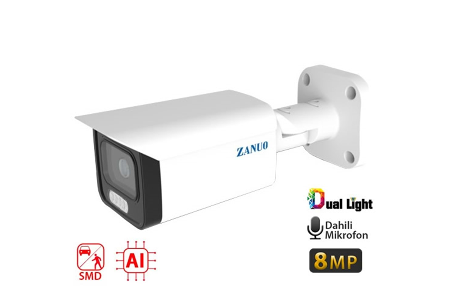 ZANUO ZN-IPC-B3811E-ZAS-L 8MP 2.7-13.5MM DUAL LİGHT+SMD+AI BULLET IP KAMERA ( Dahili Mikrofon)