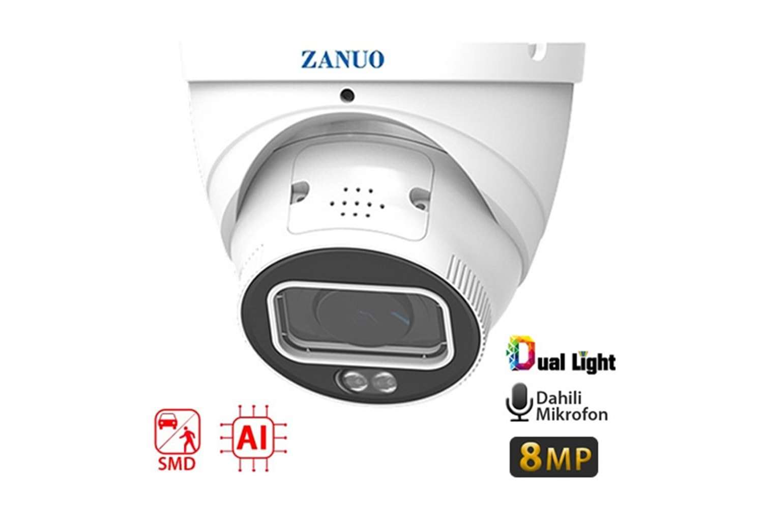 ZANUO ZN-IPC-E3811M-ZAS-L 8MP 2.7-13.5MM DUAL LİGHT+SMD+AI DOME IP KAMERA ( Dahili Mikrofon)