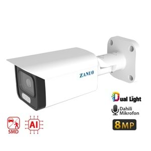 ZANUO ZN-IPC-B3811E-ZAS-L 8MP 2.7-13.5MM DUAL LİGHT+SMD+AI BULLET IP KAMERA ( Dahili Mikrofon)