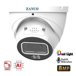 ZANUO ZN-IPC-E3811M-ZAS-L 8MP 2.7-13.5MM DUAL LİGHT+SMD+AI DOME IP KAMERA ( Dahili Mikrofon)