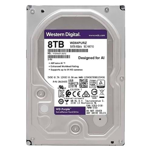 8TB 3.5 WD 5640RPM 128MB PURPLE WD84PURZ 7/24 GÜVENLİK DİSKİ (3 Yıl Garanti)