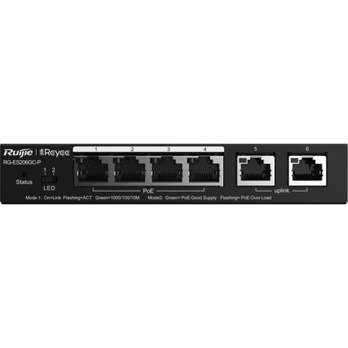 RUİJİE - REYEE RG-ES206GC-P 6 Port, 10/100/1000 Gigabit, Yönetilebilir Switch, 4 Port PoE+ (54W)