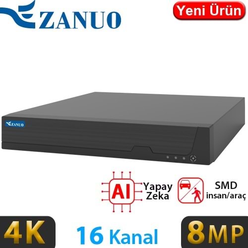 ZANUO ZN-NVR1116M 16 KANAL 1x14TB HDD DESTEKLİ 8MP KAMERA DESTEKLİ 4K NVR KAYIT CİHAZI