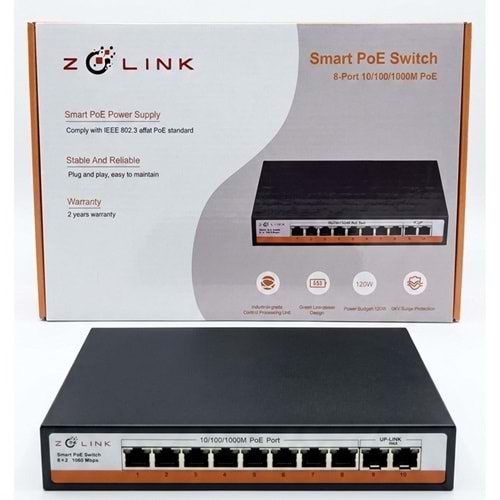 Zolink ZNT-SW-8PG2UG-V3 100/1000 8+2 PoE Switch 2 Port Uplink 120w