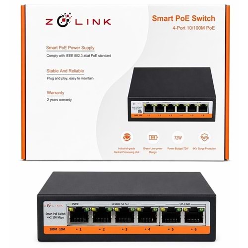 Zolink ZNT-SW-4P2U-V3 10/100 4+2 PoE Switch 2 Port Uplink 72w