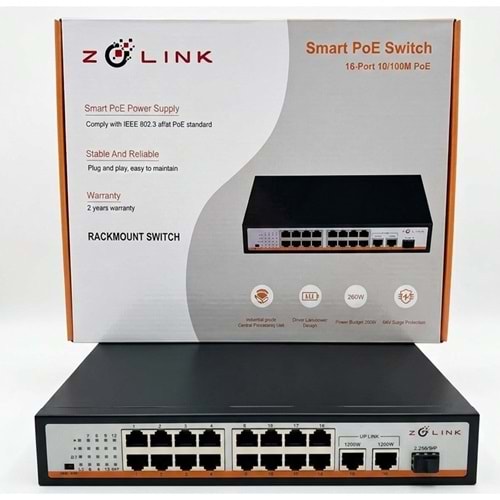 Zolink ZNT-SW-16P2UG1S-V3 10/100 16+2 Rackmount PoE Switch 2 Port 1000M Uplink 260w