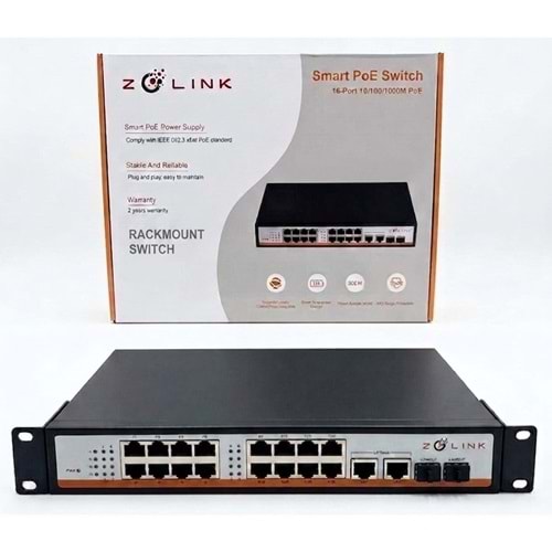 Zolink ZNT-SW-16PG2UG2S-V3 100/1000 16+2+2 Rackmount PoE Switch 2 Port Uplink 1000M 300w