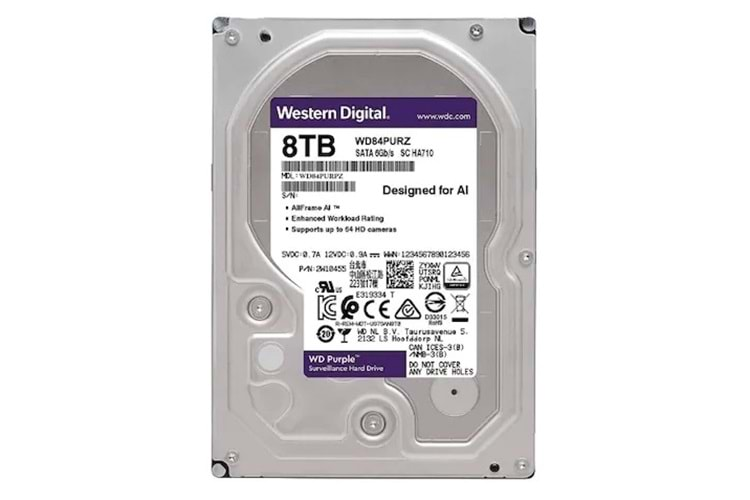 8TB 3.5 WD 5640RPM 128MB PURPLE WD84PURZ 7/24 GÜVENLİK DİSKİ (3 Yıl Garanti)