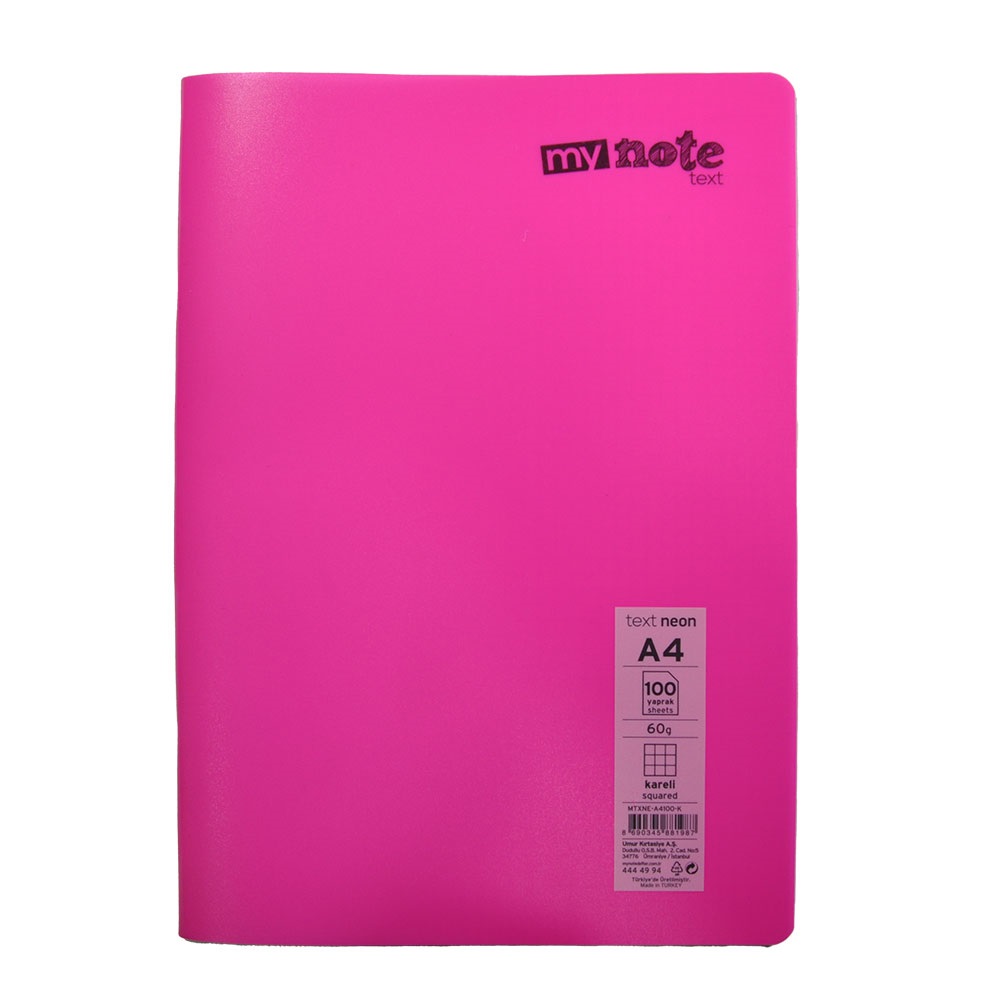 Mynote Text Neon Defter A4 100 Yp Kareli - Pembe