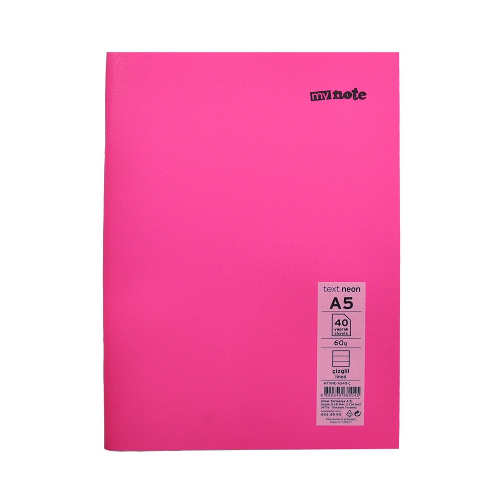 Mynote Text Neon Defter A5 40yp Çizgili - Pembe