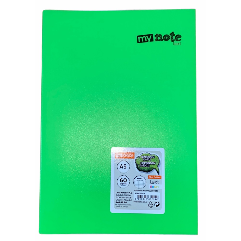 Mynote Text Neon Defter A5 60 Yp Kareli - Yeşil