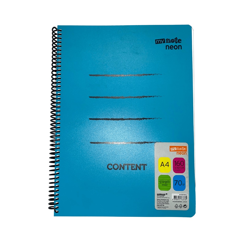 Mynote Neon Defter 160yp A4 Çizgili - Mavi