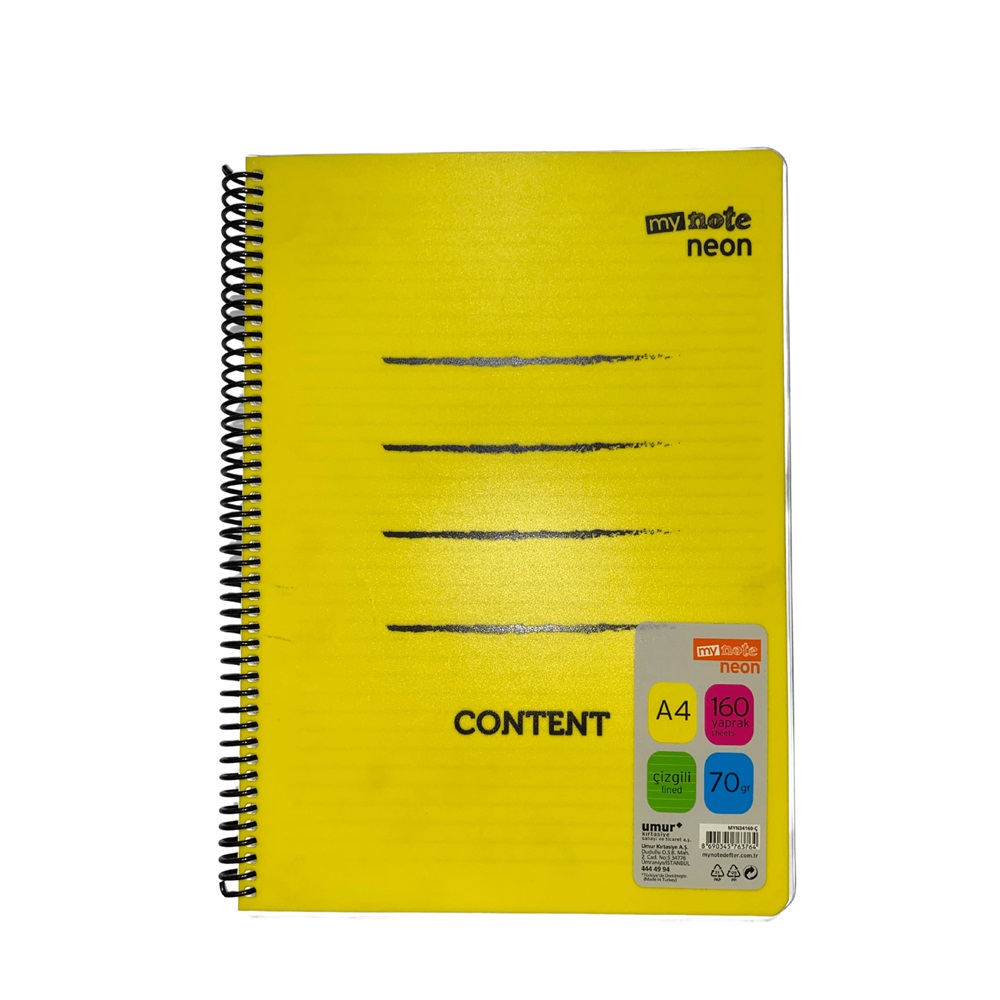 Mynote Neon Defter 160yp A4 Çizgili - Sarı Content