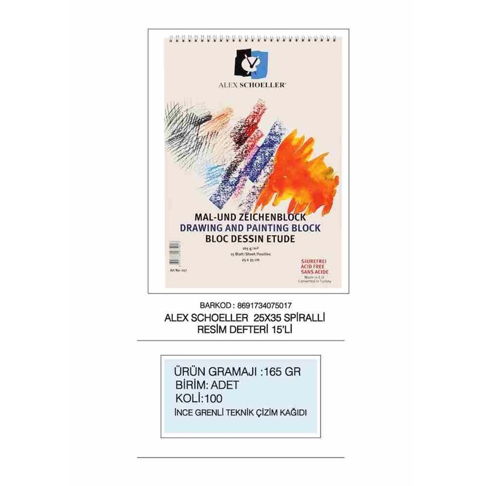 Alex Schoeller 25x35 Resim Defteri 165 gr 15 yp spiralli ALX-017/100