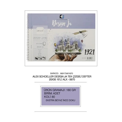 Alex Schoeller 25x35 180 gr DSGN JA Resim Defteri Spiralli ALX-0670