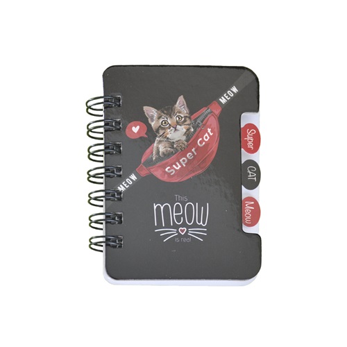 Mikro Desenli Ayraçli Not Defteri Telli Çizgili - NT-03 - Super Cat Meow Siyah - A7 - 60 Yp