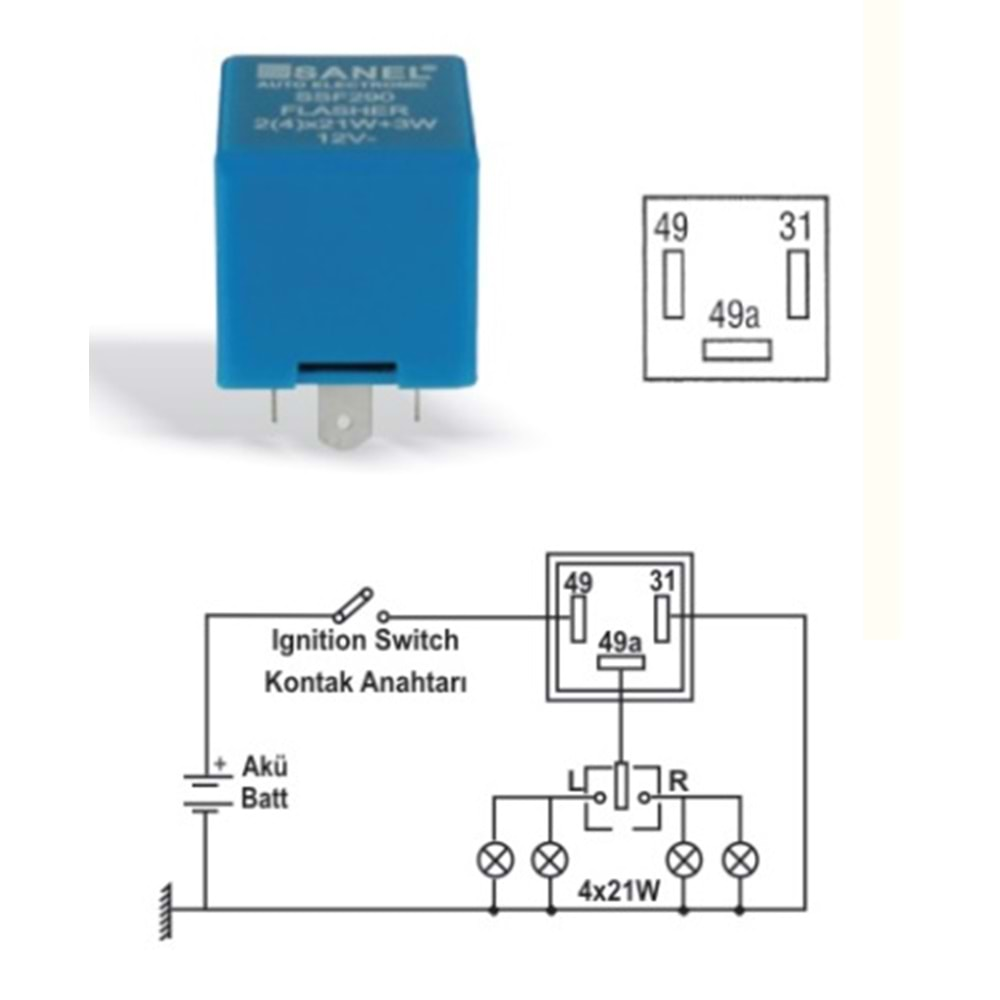 ( 12V ) ( 3 UÇLU ) ( KISA ) FORD / VW / OPEL FLAŞÖR ( MAVİ KABLI