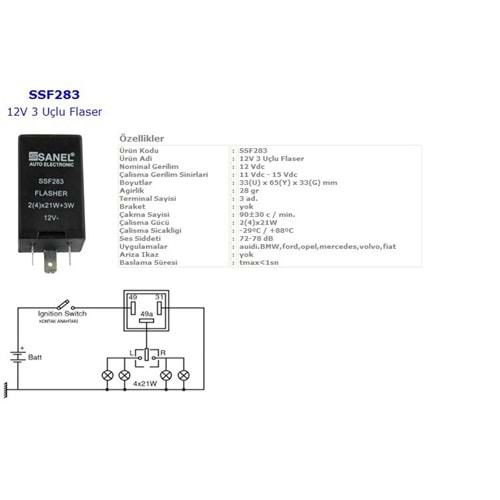 ( 12V ) ( 3 UÇLU ) FORD CARGO / MAGIRUS / OTOKAR ORJ. ( KARE )
