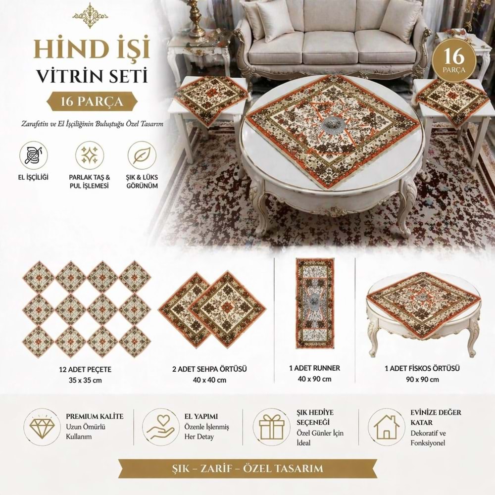 Hind işi vitrin seti el yapımı astarlı ağır pul ve boncuk işleme 16 parça Eftalya 2