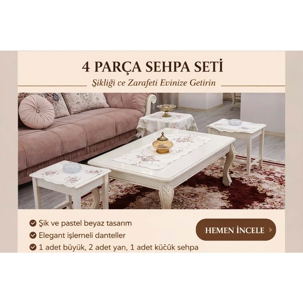 Maraş İşi Nakış İşlemeli Sehpa Seti 4 Parça Krem/