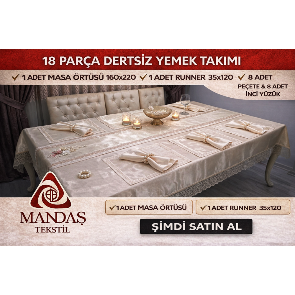 Mandaş Dertsiz kumaş 10 kişilik parlak yüzüklü yemek seti krem