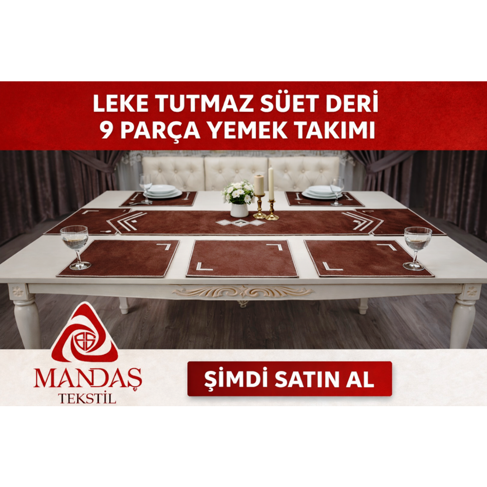 mandaş yemekteyiz yemek seti boncuk işlemeli 9 parça kahve