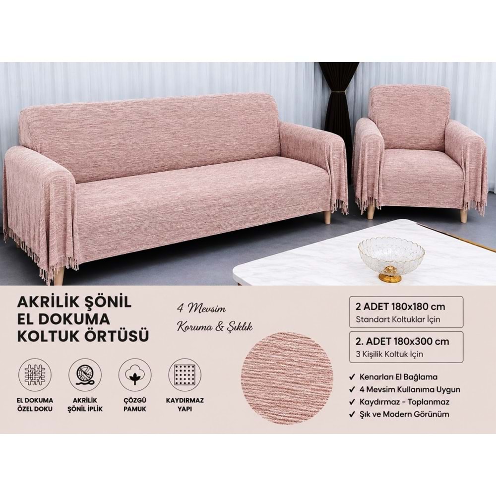 Mandaş Şönil Dokuma Koltuk Örtüsü Maxi Takım 3+3+1+1 (SEÇENEKLİ) - Pudra