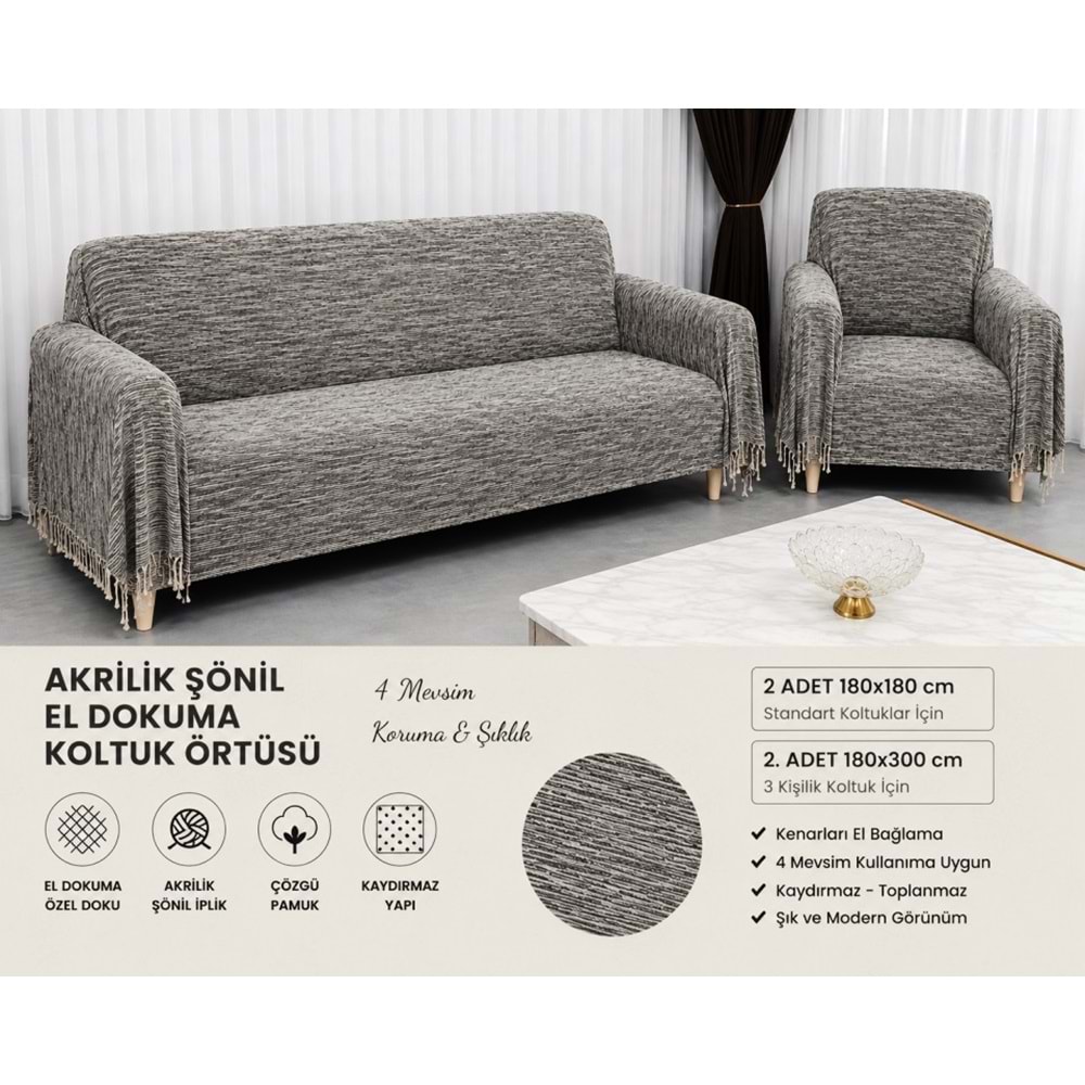 Mandaş Şönil Dokuma Koltuk Örtüsü Maxi Takım 3+3+1+1 (SEÇENEKLİ) - K Gri