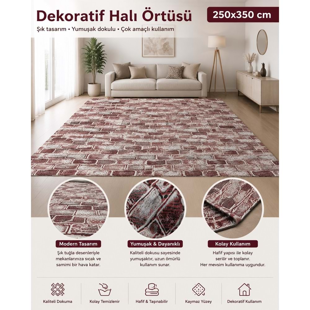 korkmaz mensucat lastiksiz halı örtüsü 9m2 (250*350) T1 Bordo