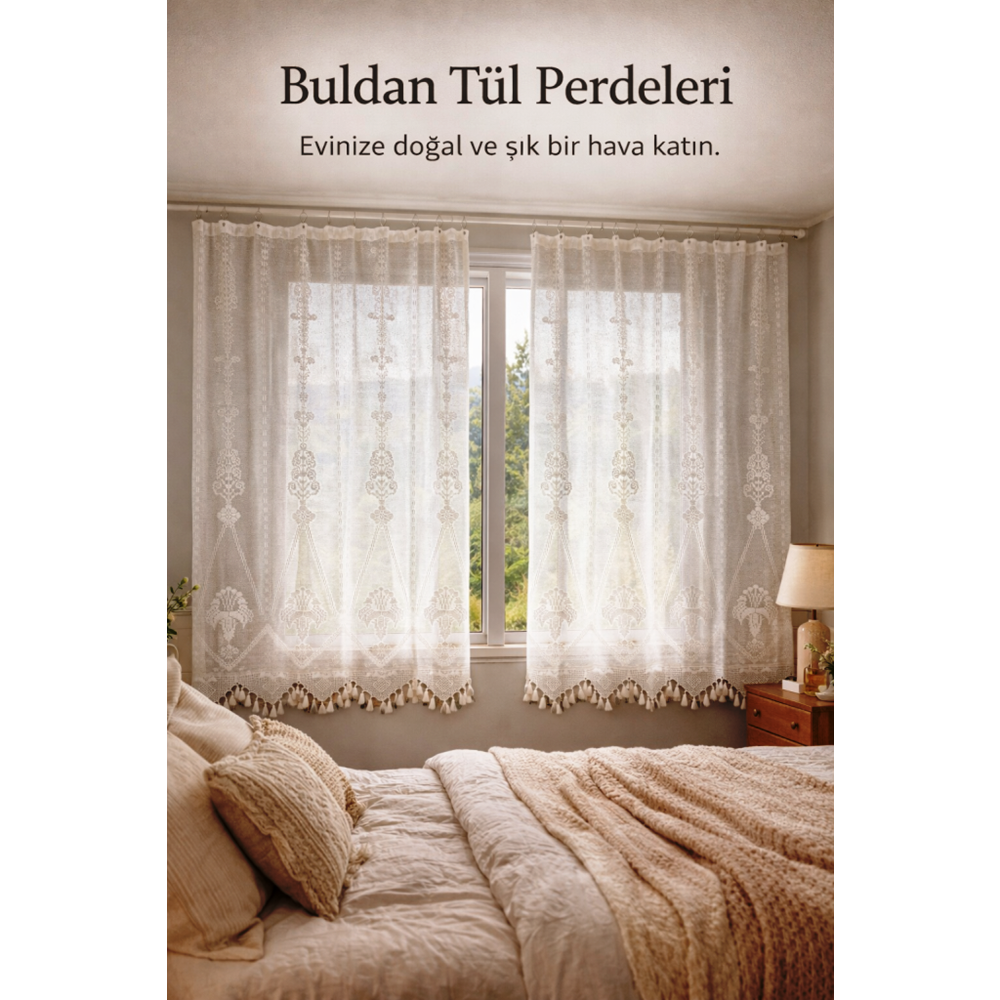 Buldan Tül Perde Kumaşı Makrome Desen Metrelik (En 185)-Naturel