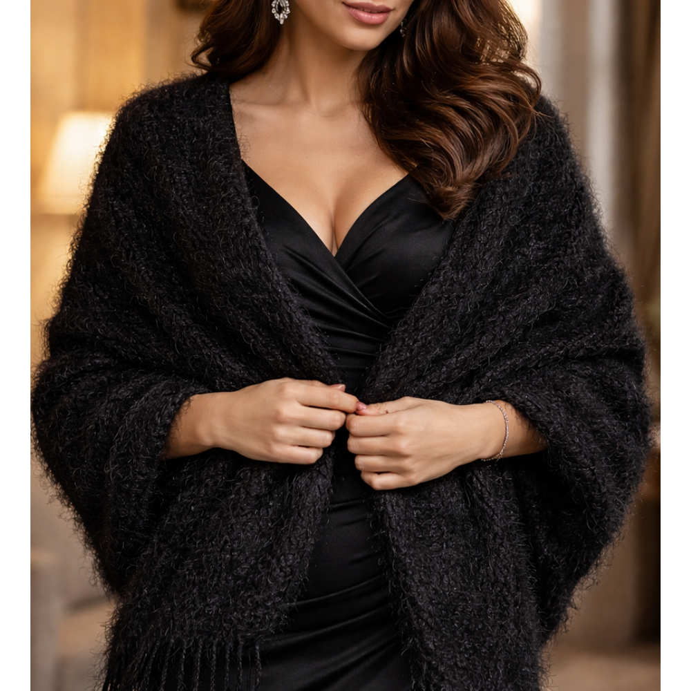 Mandaş Style El Dokuma Angora Bayan Şalı-Siyah