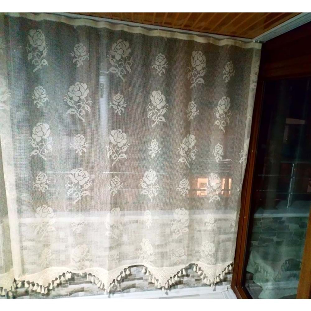 Buldan Tül Perde El İşi Dantelli Naturel Gül Çiçek Desen(190x300)