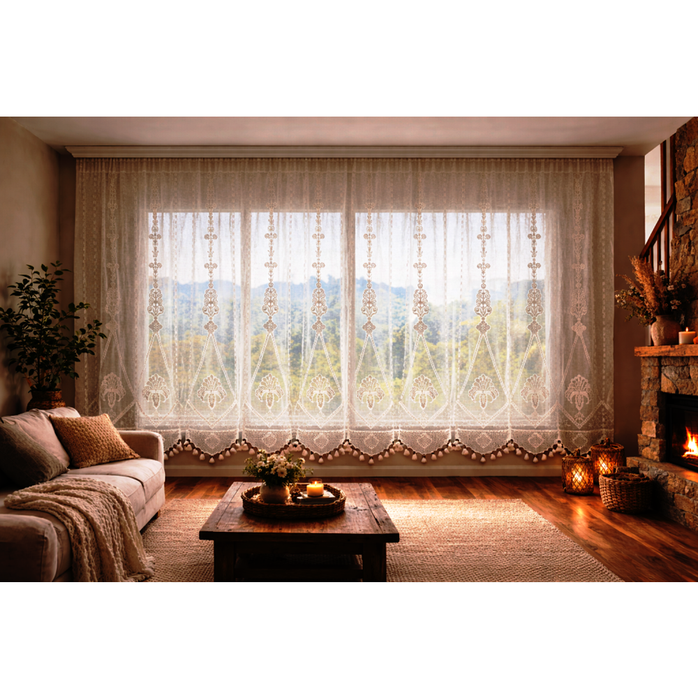 Buldan Tül Perde El İşi Dantelli Naturel Makrome Palmiye Desen(250x190)