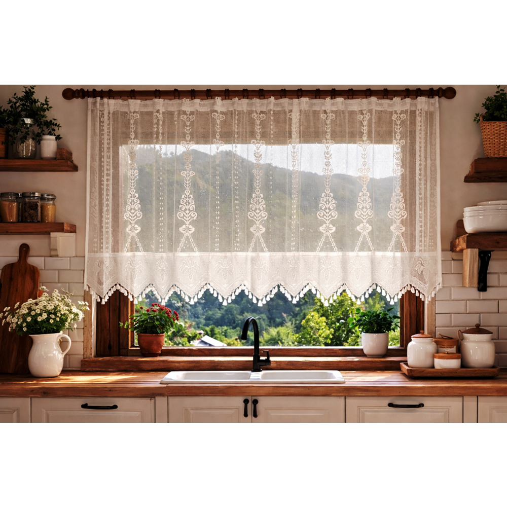 Buldan Tül Perde El İşi Dantelli Naturel Makrome Palmiye Desen(300x150)